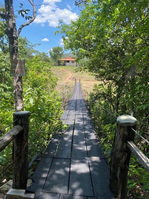 A wooden bridge leading to a house with a red roof, surrounded by greenery.