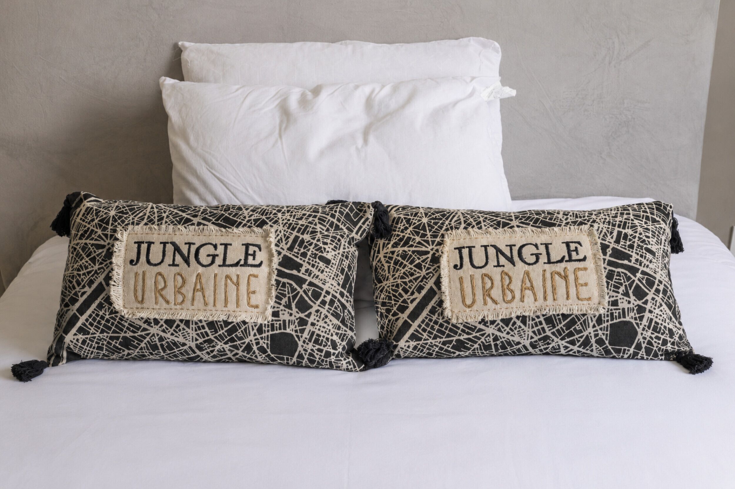 A bed with two decorative pillows and a plain white pillow.