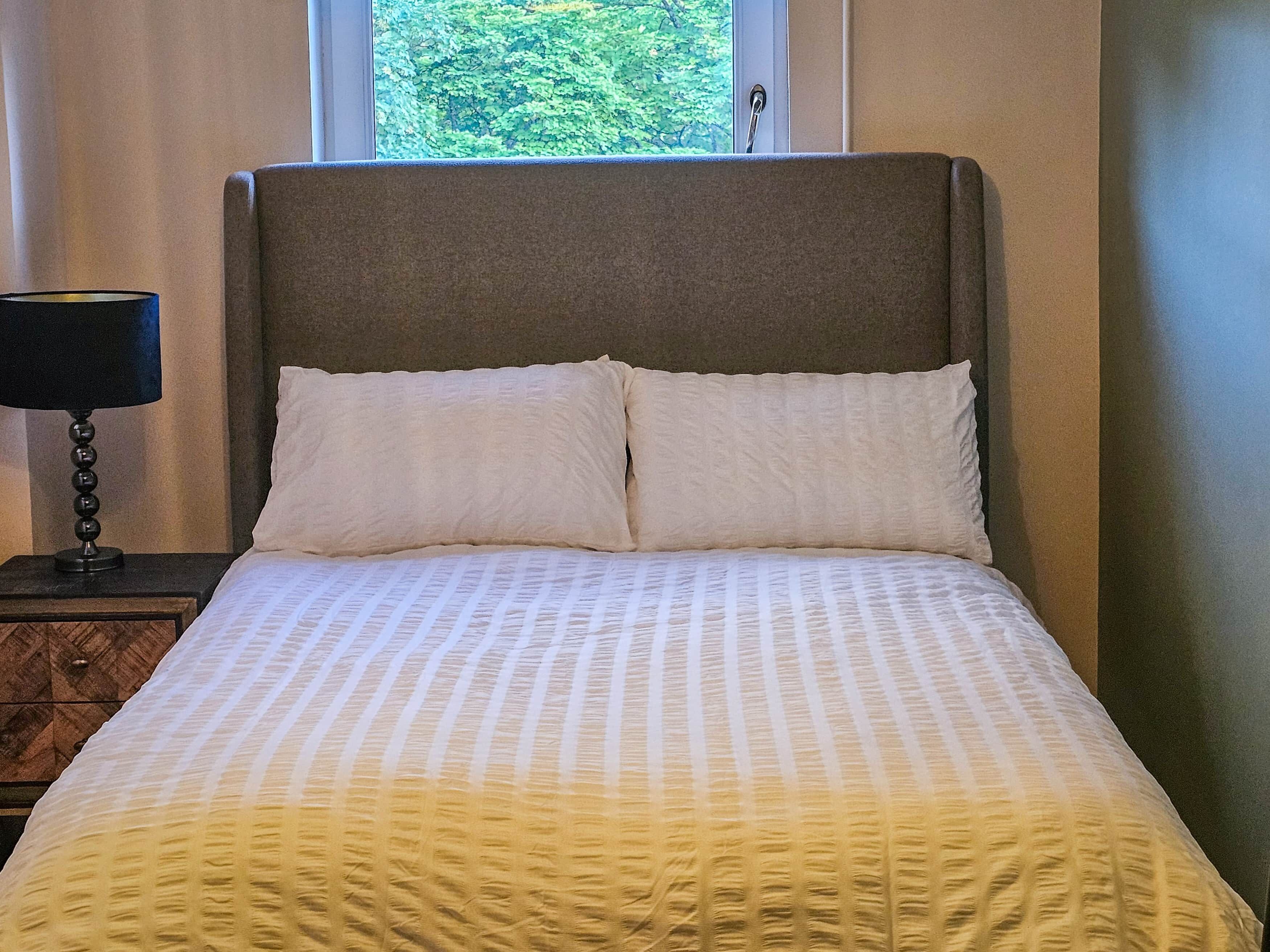 A bed with a headboard, two pillows, a bedside table with a lamp, and a window with a view of greenery.