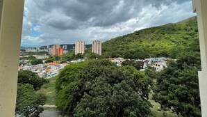 Un paisaje urbano con edificios residenciales, una colina con vegetación y un cielo nublado.