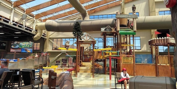 Ein Indoor-Spielbereich mit Rutsche, Klettergerüsten und einem Schild mit der Aufschrift 'WILDERNESS RESORT'.