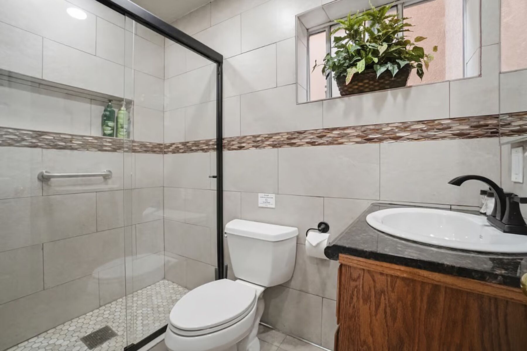 A bathroom with a glass shower enclosure, a toilet, a sink with a black faucet, and a potted plant on the wall.