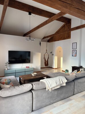 Ein modernes Wohnzimmer mit einem großen grauen Sofa, einer Holzbalkendecke, einem Flachbildfernseher, einem Hängekorbstuhl und einem blauen Schrank.