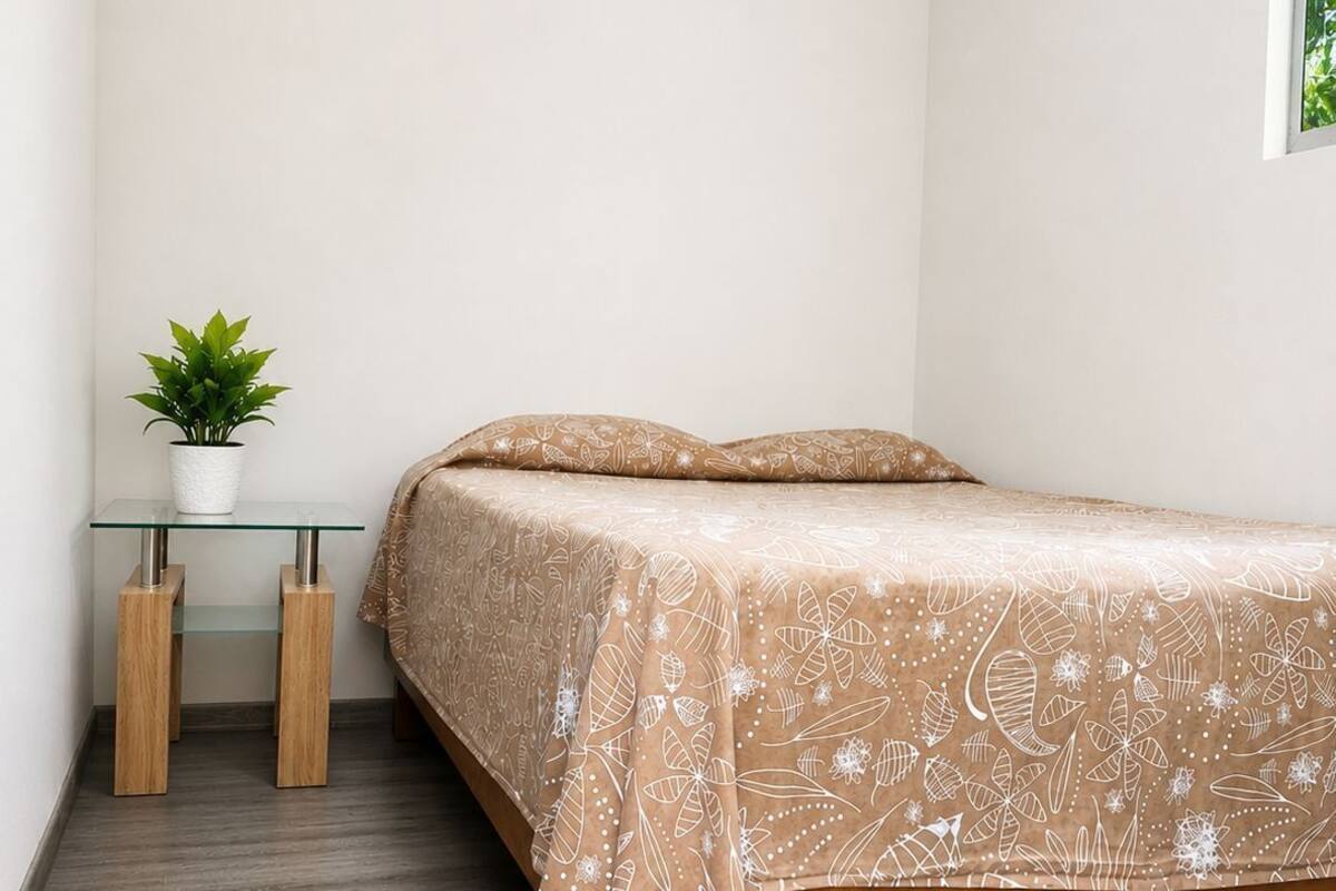 A bedroom with a bed, a small table with a plant, and a window.