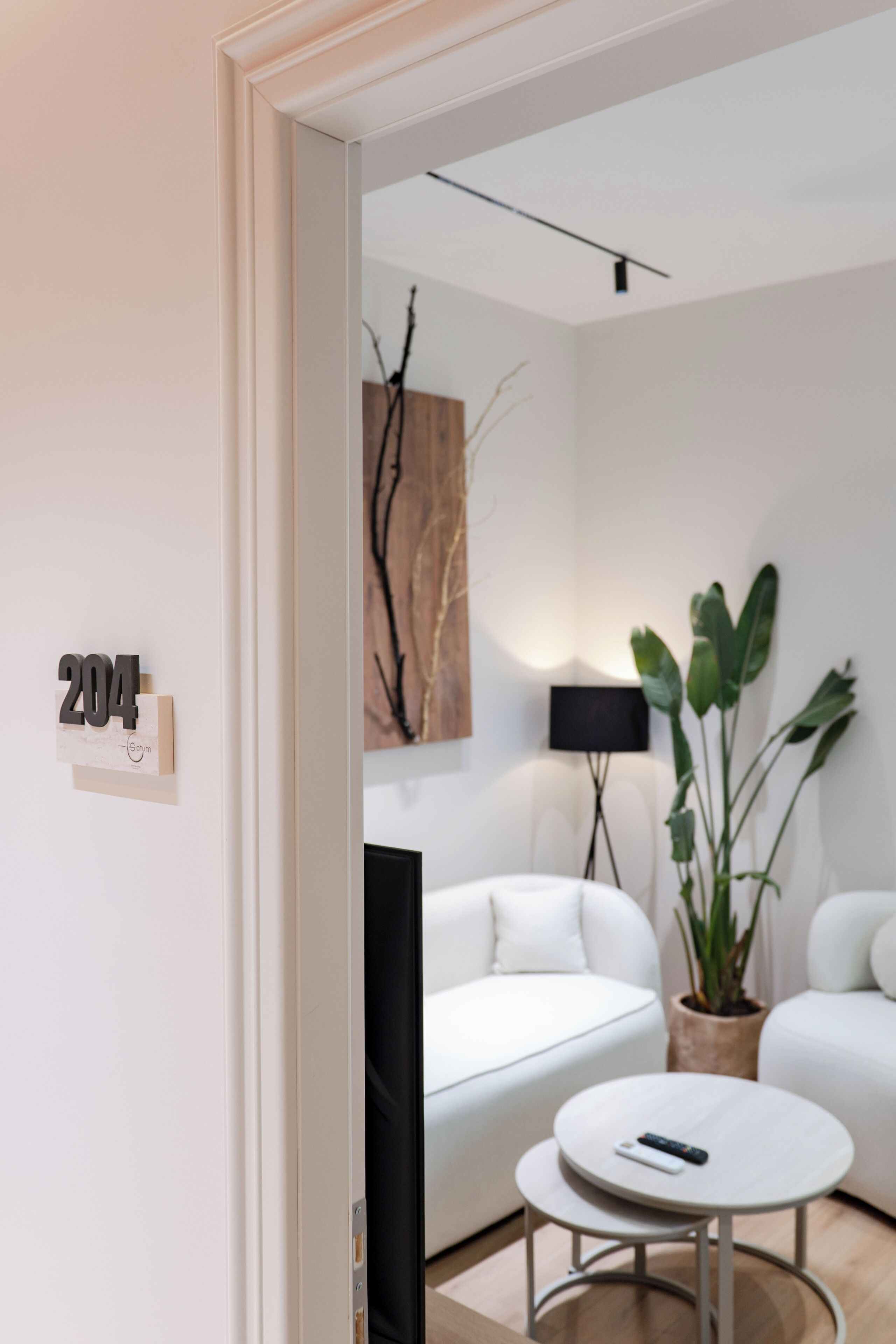 A modern living room with a white sofa, a round coffee table, a potted plant, and a wall-mounted TV.