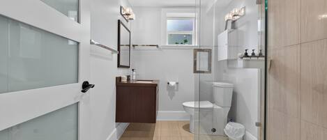 A modern bathroom with a glass shower enclosure, a toilet, and a vanity with a mirror.