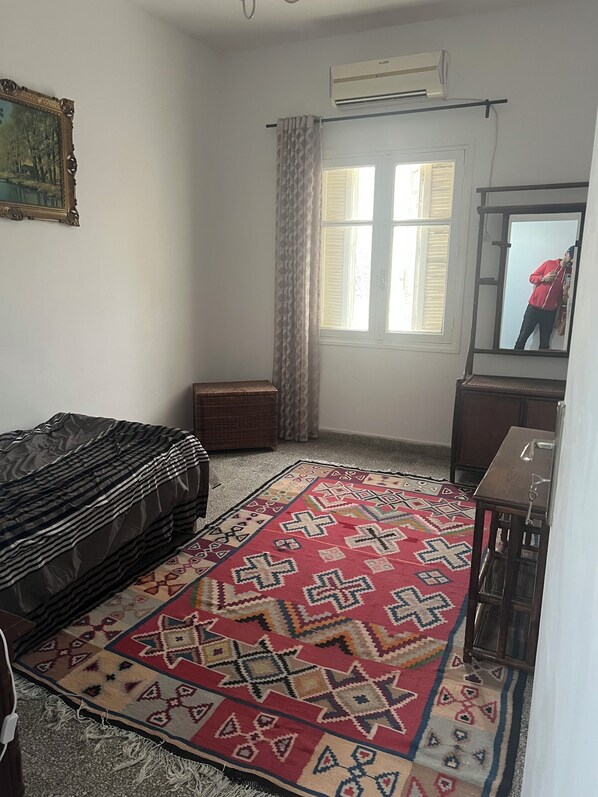 Un dormitorio con cama, alfombra, cómoda, espejo y equipo de aire acondicionado.
