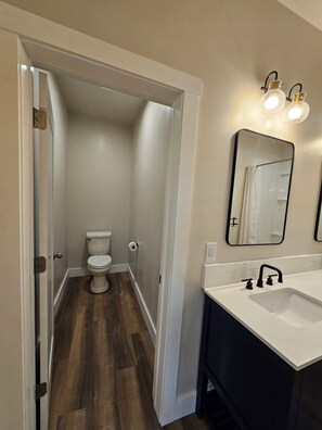 Un baño con inodoro, lavamanos y espejo.