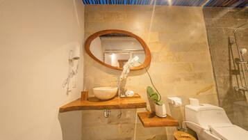 Separate bathtub and shower, hair dryer, towels, soap