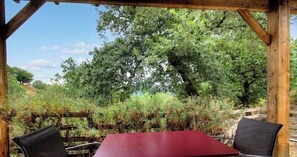 An outdoor seating area with a table and chairs, surrounded by lush greenery and trees. - Campo Sotano - VENACO (VENACO)