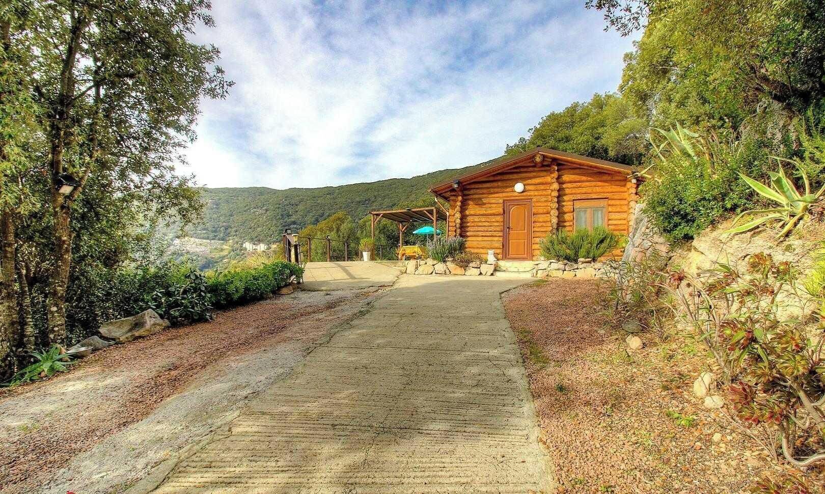 Una cabaña de troncos con entrada pavimentada, rodeada de vegetación y colinas.