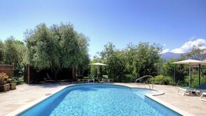 Piscina con sillones de descanso y sombrillas, rodeada de árboles y un cielo despejado.