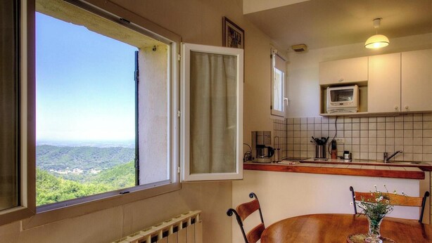Une cuisine donnant sur une forêt, une table à manger avec des chaises et une fenêtre avec un rideau.