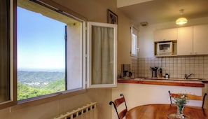 Eine Küche mit Blick auf einen Wald, ein Esstisch mit Stühlen und ein Fenster mit Vorhang.