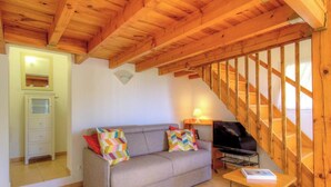 Une pièce avec un plafond en bois, un canapé agrémenté de coussins colorés, un téléviseur et une petite table sur laquelle repose un livre.