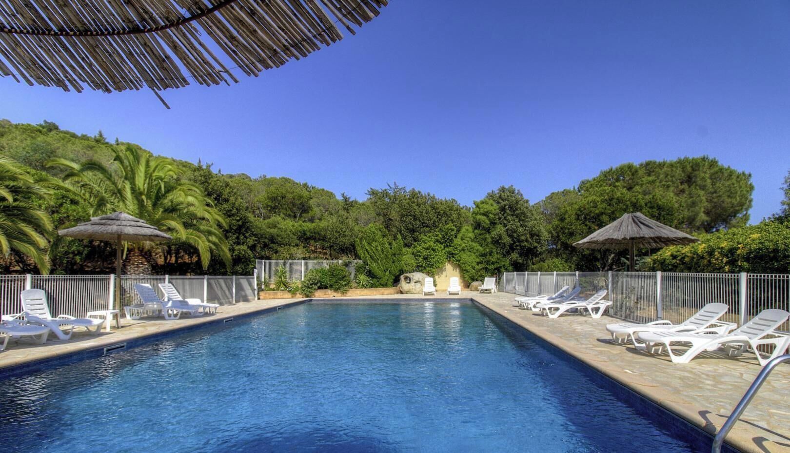 A swimming pool with white lounge chairs and thatched umbrellas, surrounded by greenery.