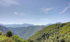 Un paisaje montañoso con densas colinas boscosas y cielo despejado.