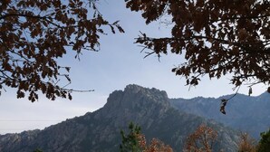 Paisagem montanhosa com um pico rochoso imponente, rodeado por árvores com folhagem outonal.
