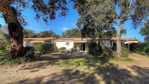 Una casa a due piani con tetto in tegole, circondata da alberi e un vialetto sterrato.