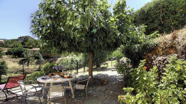 Une terrasse avec une table et des chaises, entourée de verdure et d’un mur en pierre.