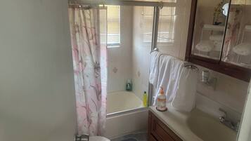 Hair dryer, towels, soap, toilet paper