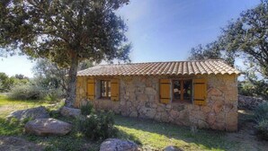 Una casa de pedra amb teulada de rajola, persianes de fusta i un gran arbre al fons.