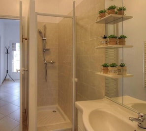 Ein Badezimmer mit einer gläsernen Duschkabine, einem Waschbecken mit Spiegel und Regalen mit Topfpflanzen.