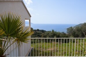 A balcony with a view of the sea, a white building, and a palm tree. - Le Bergamotte - TIUCCIA (TIUCCIA)