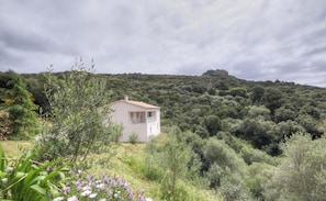 Ein kleines Haus mit Balkon, umgeben von üppiger Vegetation und Hügeln.