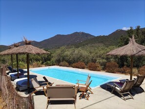 A pool with lounge chairs and thatched umbrellas, surrounded by greenery and mountains. - Casa Caro - SARTENE - Guesthouse (SARTENE)