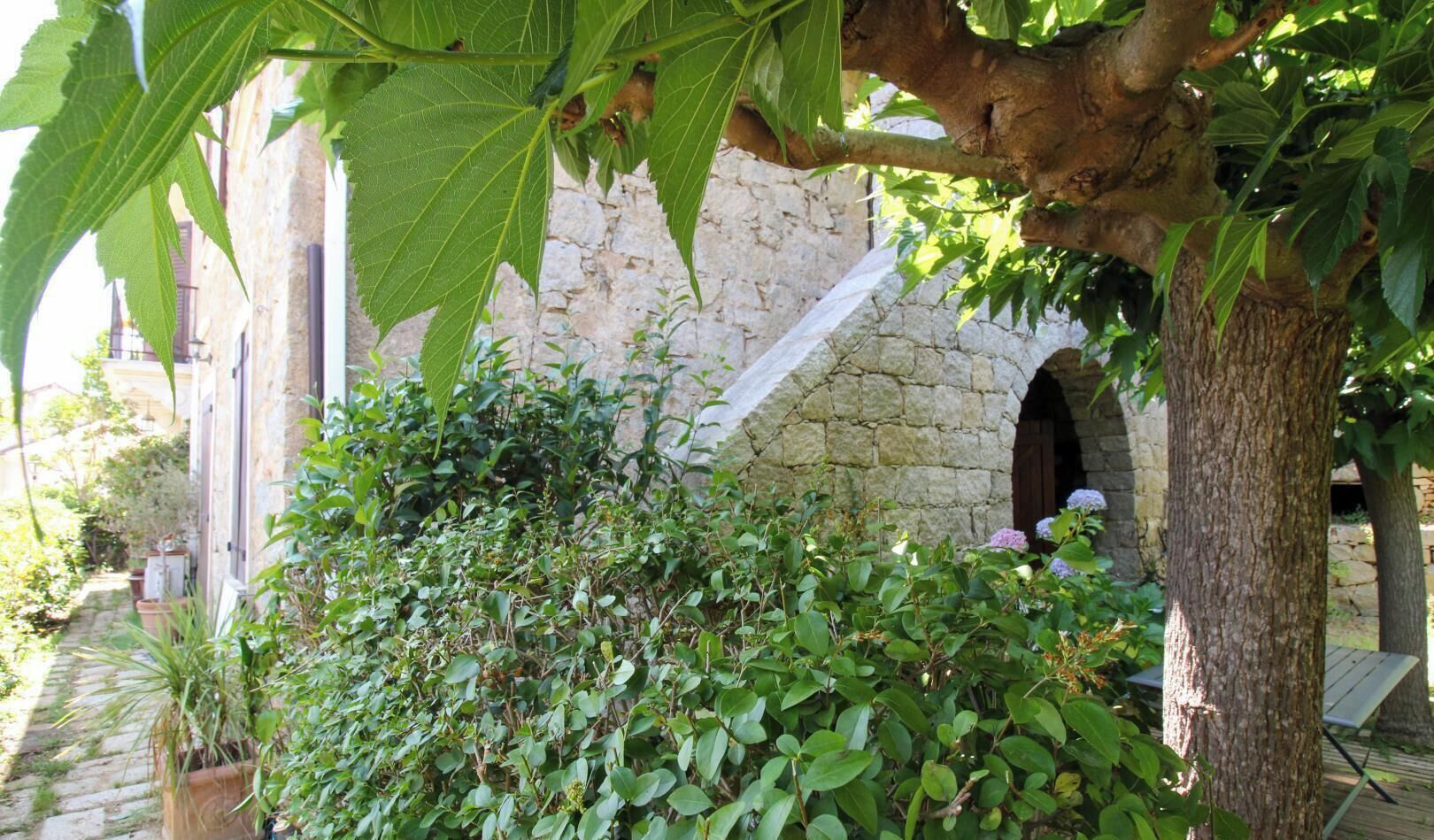 Un edificio de piedra con puerta de madera y un pequeño arco, rodeado de abundante vegetación y plantas en macetas.