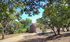 Un edificio de fachada de piedra, rodeado de árboles y un cielo despejado.