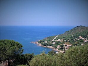 Ein Küstendorf mit Häusern an einem Hügel mit Blick auf das Meer.