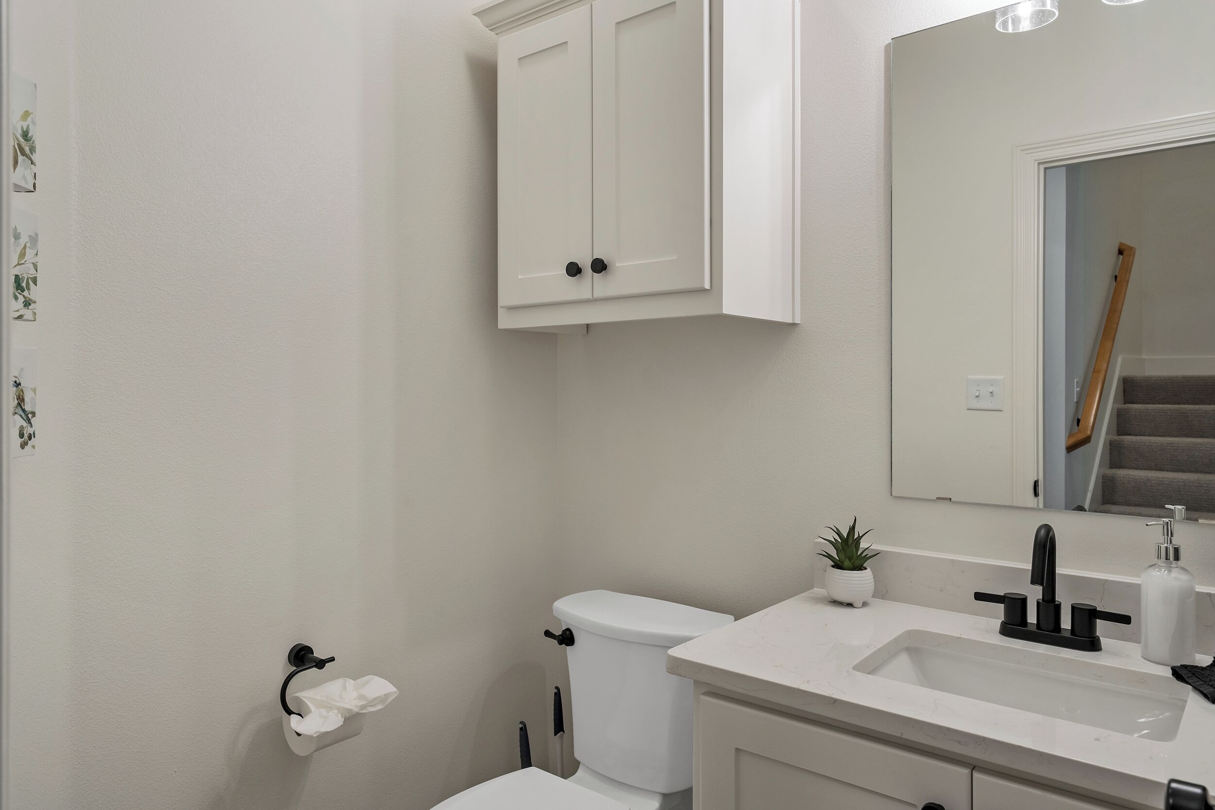 A bathroom with a toilet, sink, mirror, cabinet, and a small potted plant.