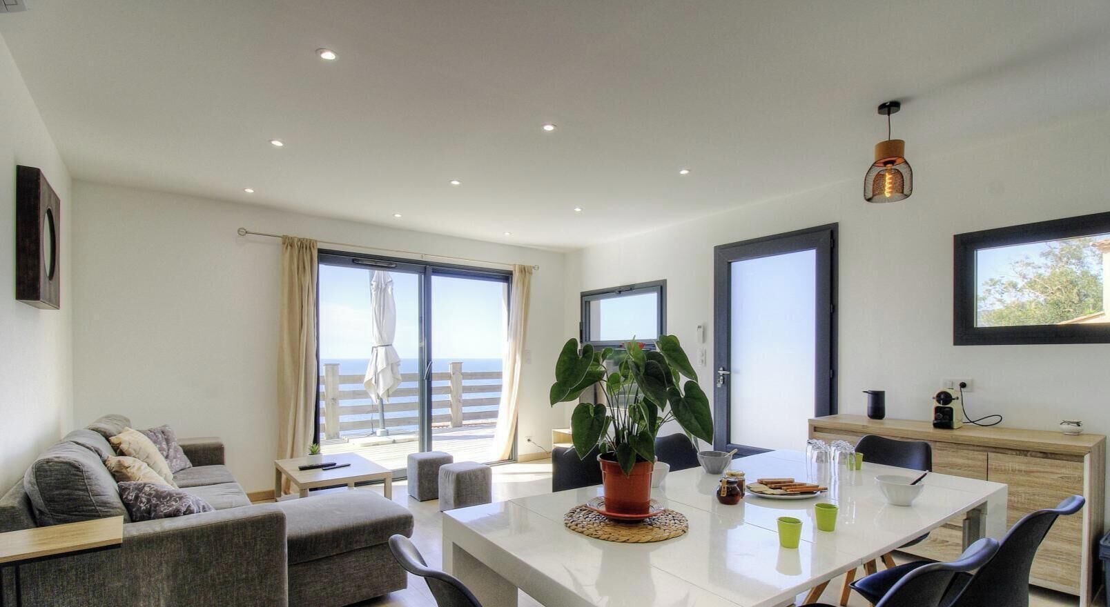 Ein modernes Wohnzimmer mit einer Couch, einem Esstisch und einer Zimmerpflanze.