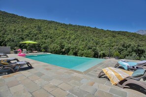 Ein Swimmingpool mit Liegestühlen, einem rosa Flamingo-Schwimmpfiff und einer Bergkulisse.