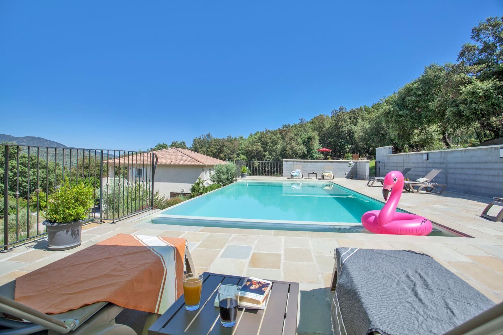 A swimming pool with lounge chairs and a flamingo float.