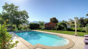 Ein rechteckiger Pool mit geschwungener Kante, umgeben von einer Terrasse mit Liegestühlen.