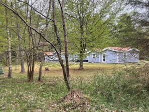 Eine rustikale Holzhütte, umgeben von dichtem Wald.