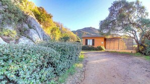 Una casa rústica con camino de grava, rodeada de follaje denso y una montaña al fondo.