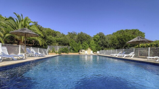 A swimming pool with lounge chairs and umbrellas, surrounded by greenery. - 10676 - SAINTE LUCIE DE PORTO VECCHIO (SAINTE LUCIE DE PORTO VECCHIO)