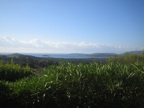 Eine Küstenlandschaft mit Blick auf das Meer und ferne Hügel.