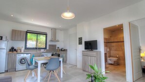 Una cucina compatta con lavatrice, un'area pranzo con tavolo e sedie, una TV su un mobile, e un bagno con WC e doccia.