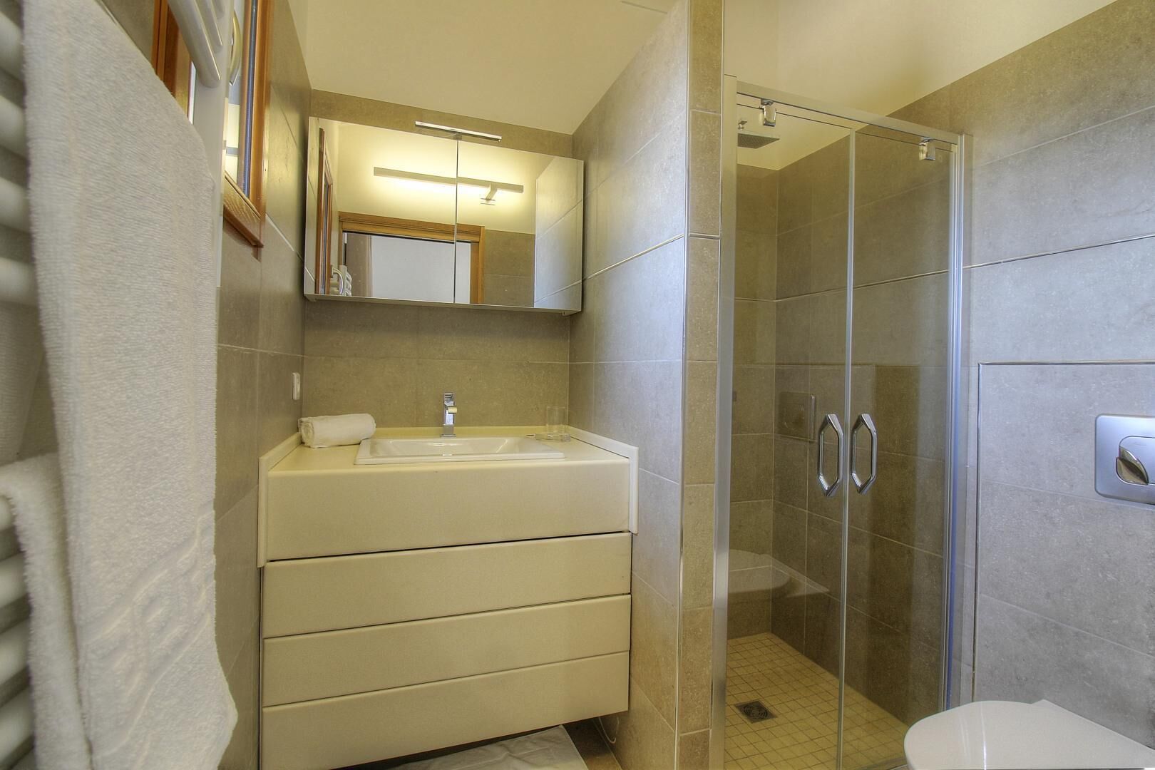 A bathroom with a sink, mirror, and shower.