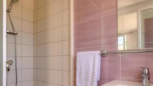 Une salle de bain avec une douche, un lavabo et un miroir.