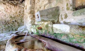 Una fuente de piedra con un caño y una pequeña alberca.