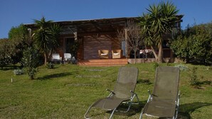 A house with a covered porch, two lounge chairs, and a garden with various plants.