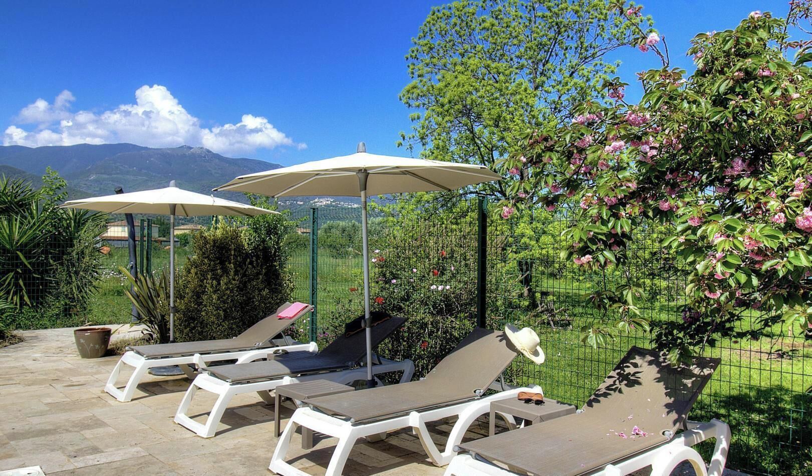 Une terrasse dotée de chaises longues et de parasols, entourée de verdure et offrant une vue sur les montagnes.