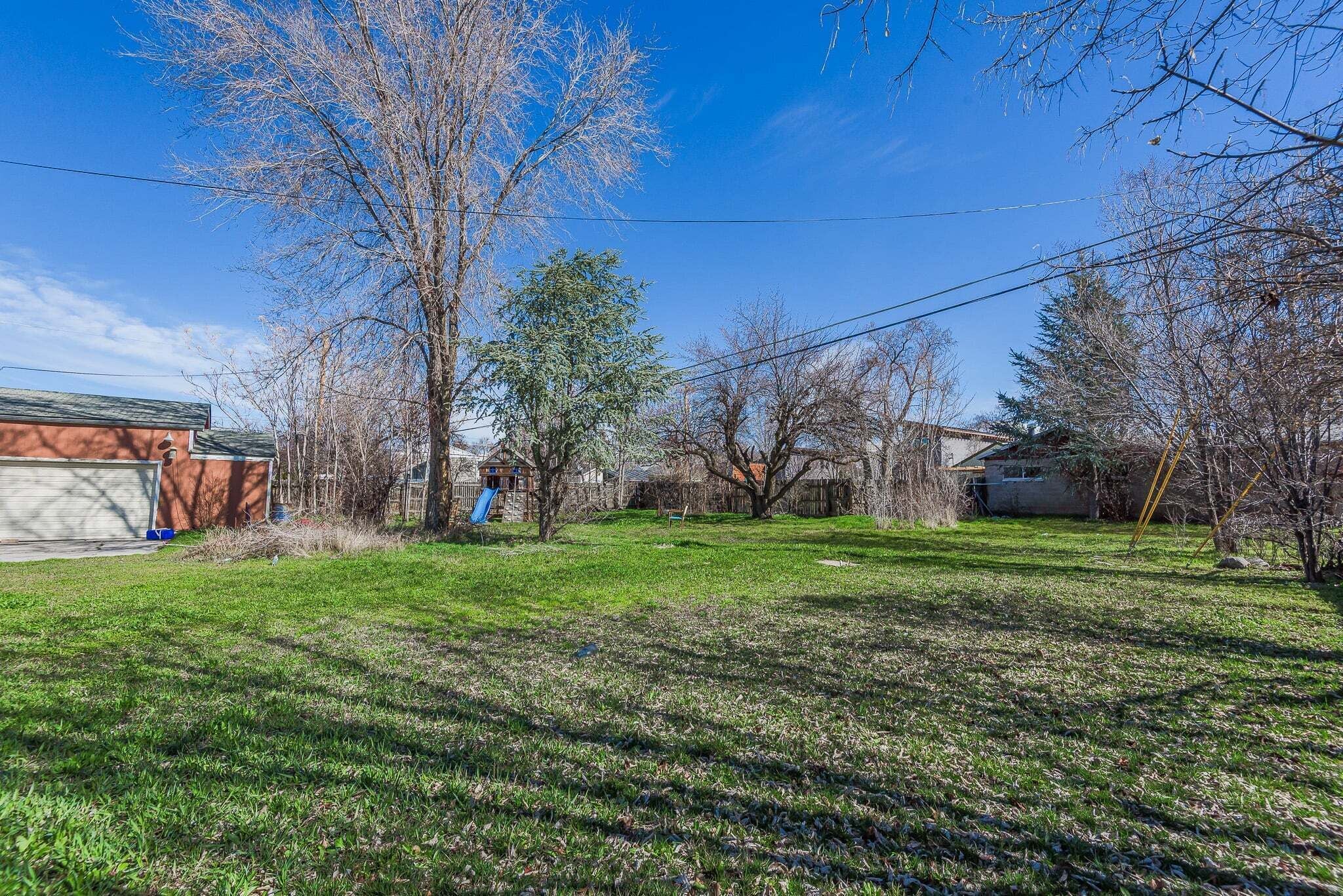 A residential backyard with a grassy lawn, trees, a blue slide, and a house.