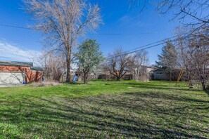 A residential backyard with a grassy lawn, trees, a blue slide, and a house.